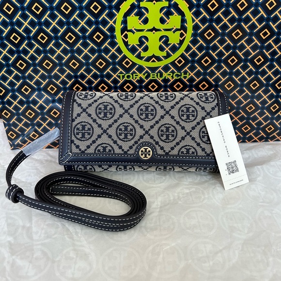 Tory Burch T Monogram Jacquard Wallet Crossbody Bag Tory Navy - Picture 1 of 16